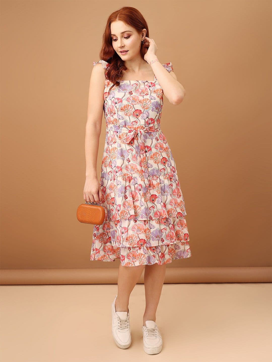 Amarasha women Floral Print Shoulder Straps Square Neck Georgette Fit & Flare Midi Dress - view 1