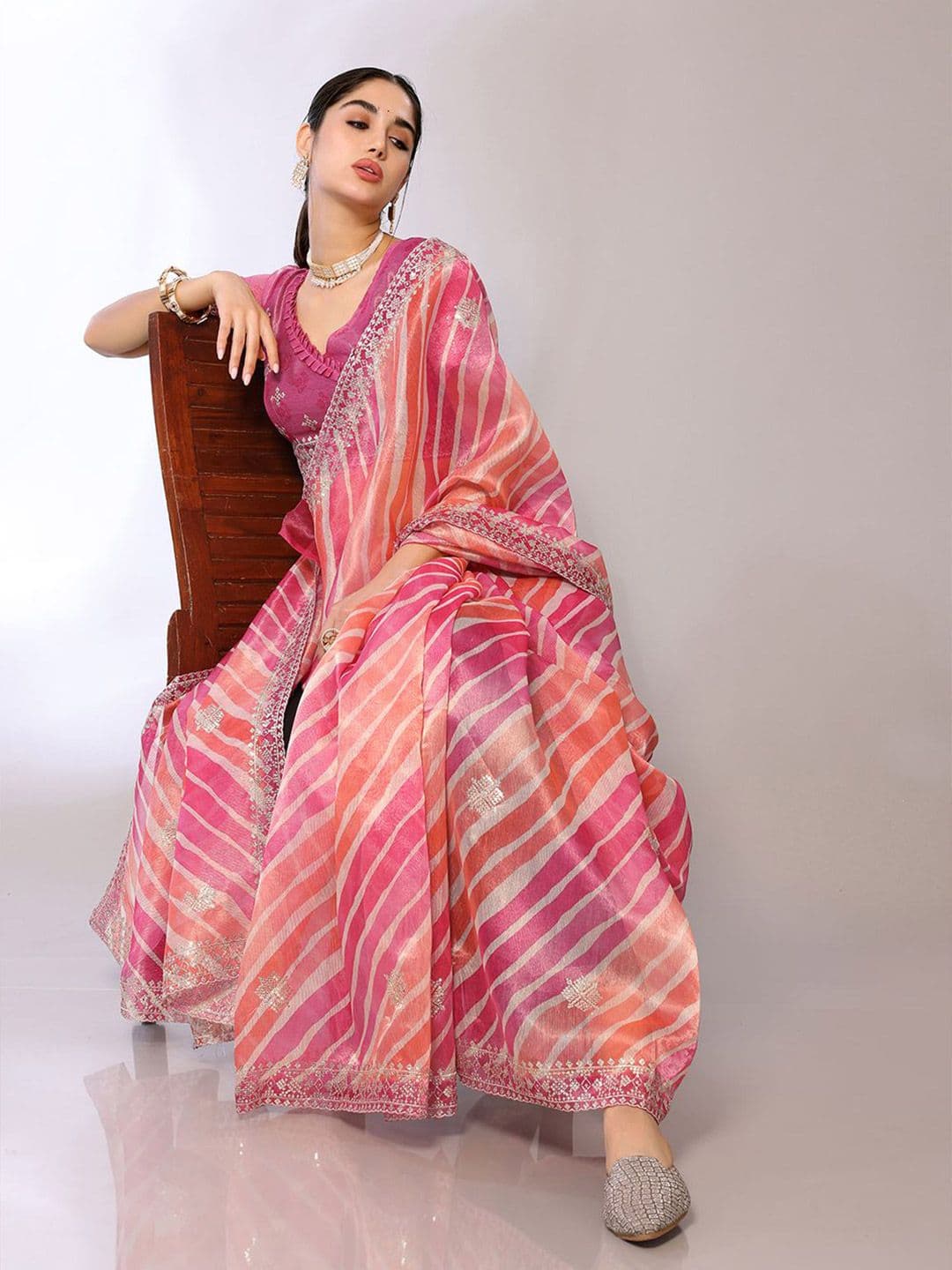 FABMORA Leheriya Embroidered Tissue Saree - view 1