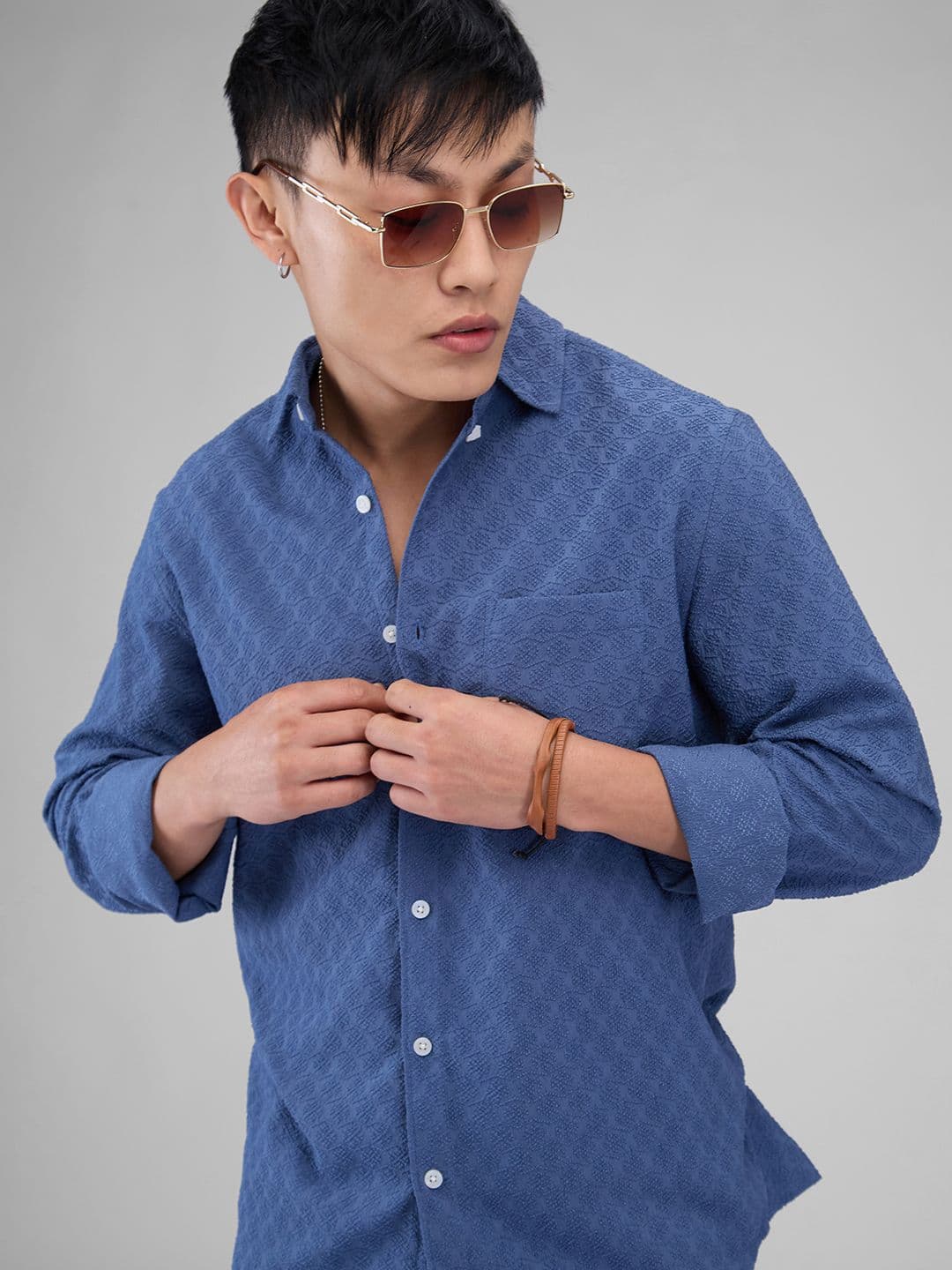 VASTRADO Men Classic Spread Collar Textured Solid Slim Fit Casual Shirt - view 1