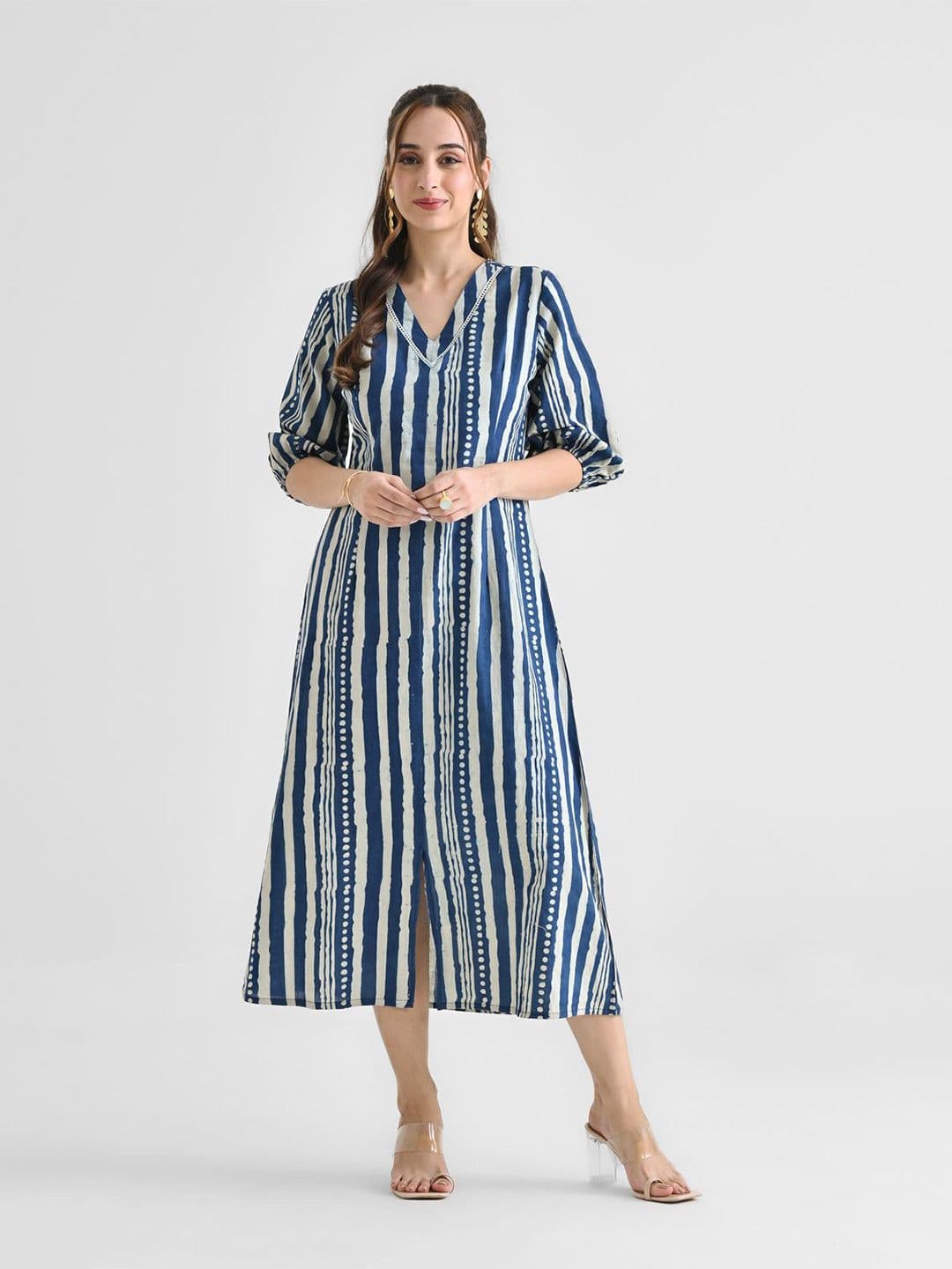Rustorange Women Striped Printed Cotton Puff Sleeves A-Line Midi Dress - view 1