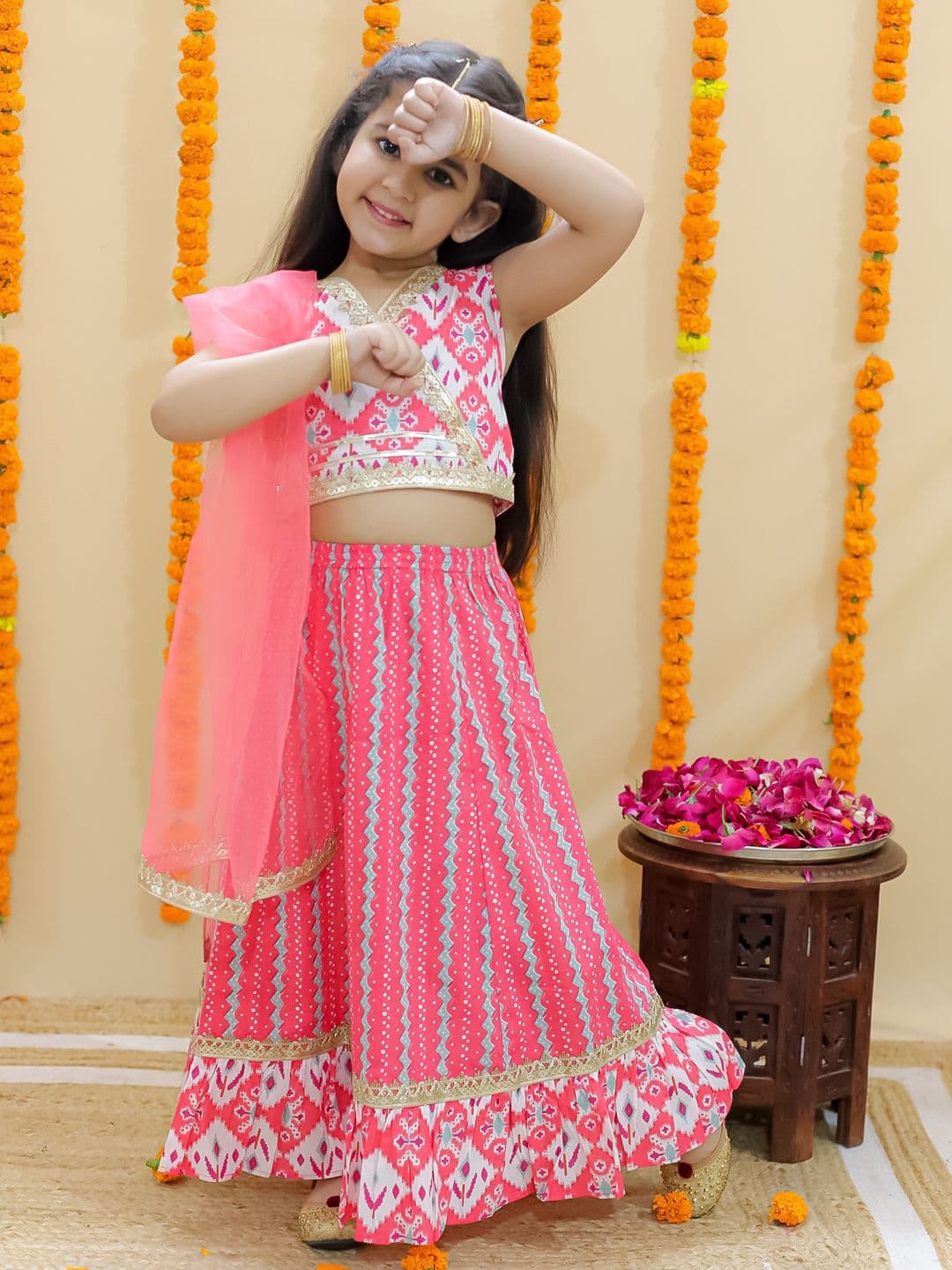 JUNITOS Girls Ethnic Motifs Printed Ready to Wear Cotton Lehenga & Blouse With Dupatta - view 1