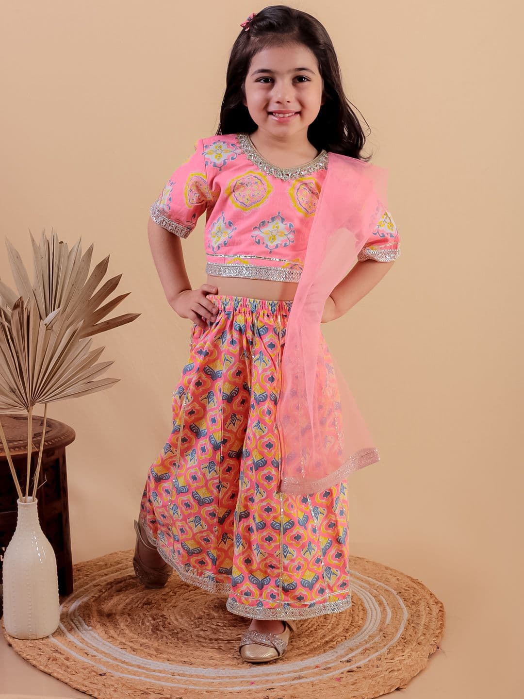 JUNITOS Girls Printed Gotta Patti Pure Cotton Ready to Wear Lehenga & Blouse With Dupatta - view 1