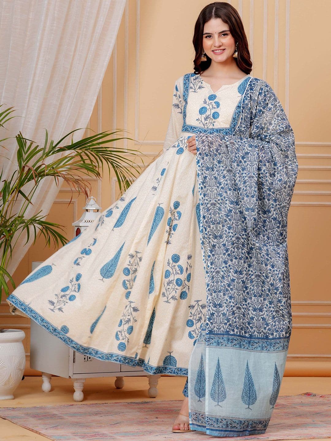 Mizaz Floral Printed Pure Cotton Anarkali Flared Kurta With Trousers & Dupatta - view 1