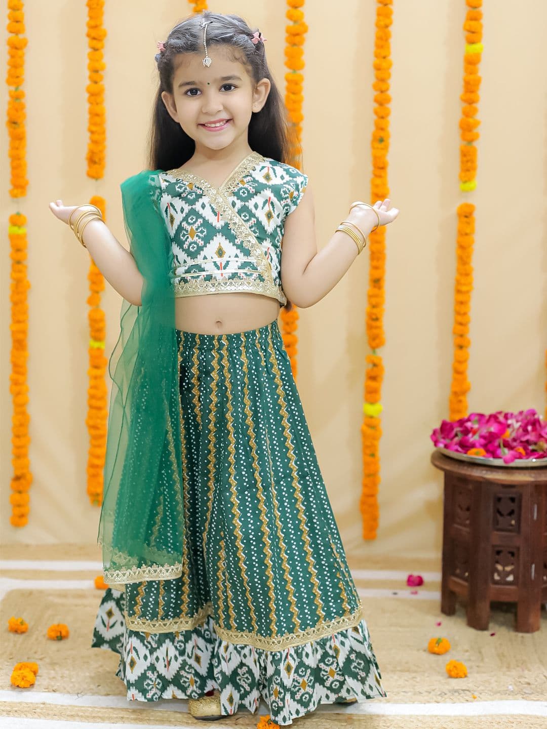 JUNITOS Girls Printed Sequinned Pure Cotton Ready to Wear Lehenga & Blouse With Dupatta - view 1