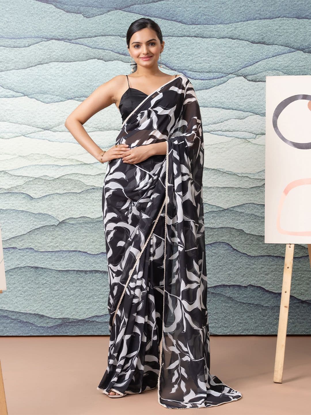 RACHNA Mono Prints Lace Work Weightless Georgette Ready To Wear Saree - view 1