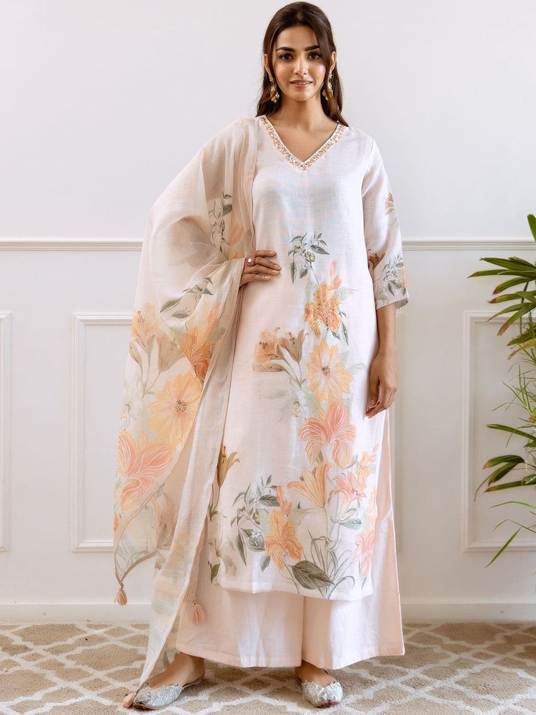FILO HEVIS Floral Printed V Neck Pure Cotton Straight Kurta With Trousers & Dupatta - view 1
