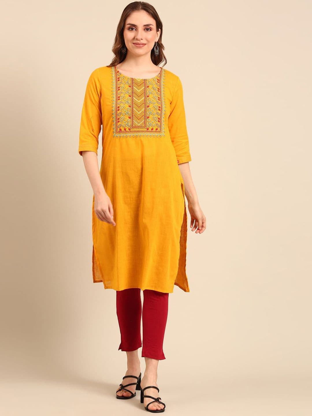 Anouk X fwd Mustard Floral Embroidered Pure Cotton Straight Kurta - view 1
