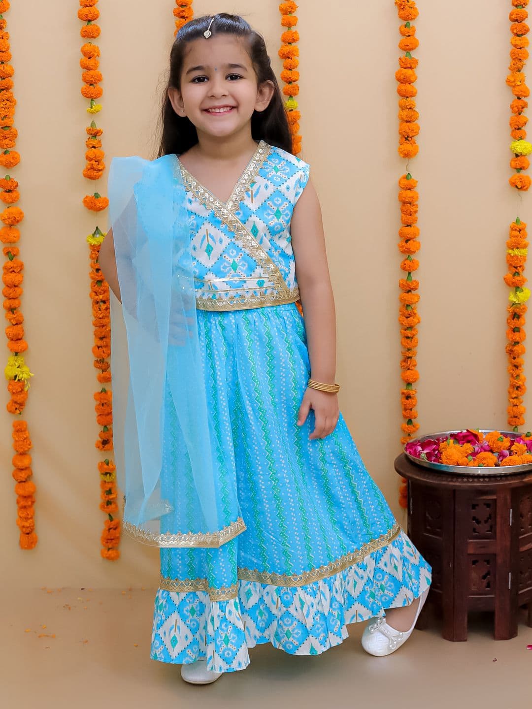 JUNITOS Girls Ethnic Motifs Printed Ready to Wear Cotton Lehenga & Blouse With Dupatta - view 1