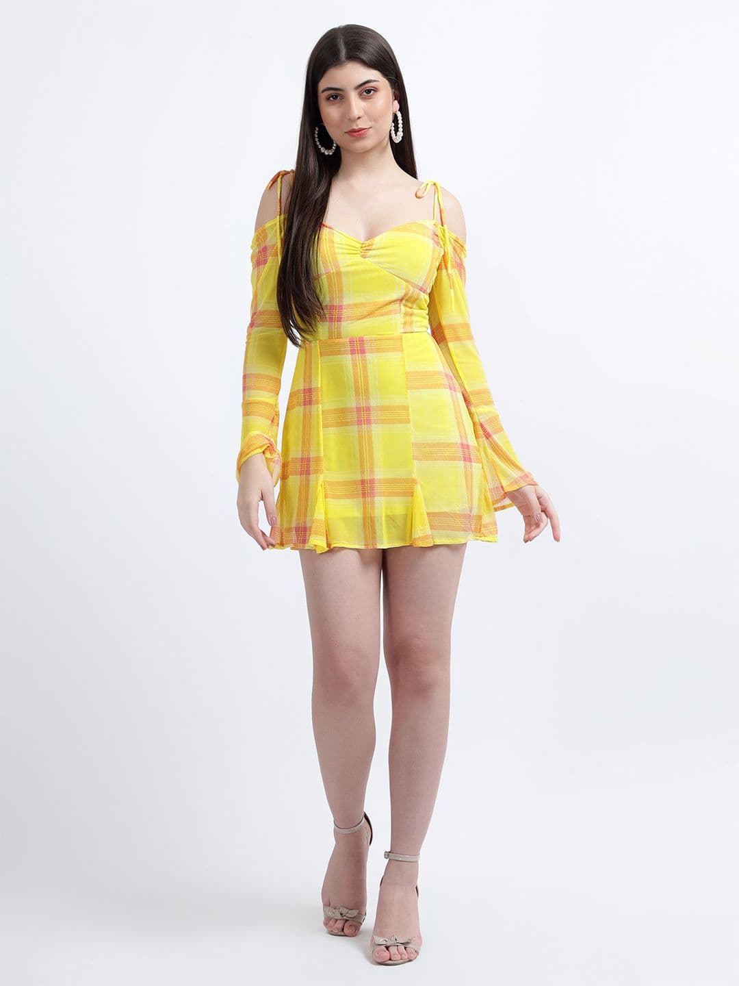 DRAPE AND DAZZLE Checked Cold-Shoulder Fit & Flare Mini Dress - view 1