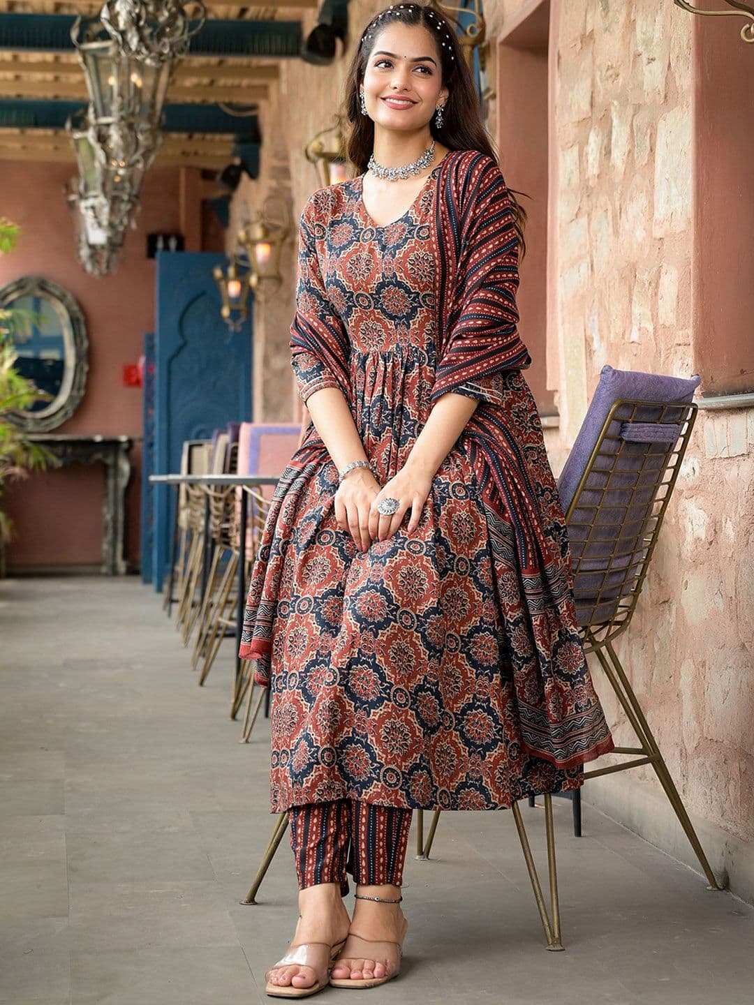 KALINI Ethnic Motifs Printed A-Line Kurta with Trousers & Dupatta - view 1