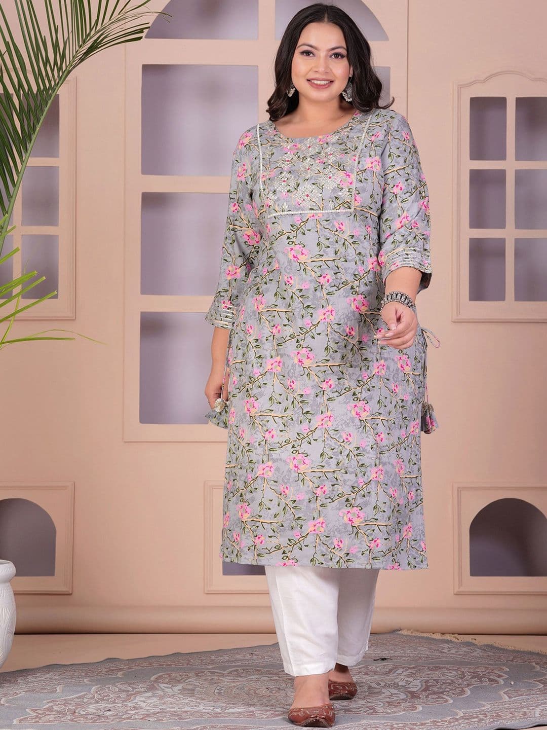 LABULY Plus Size Floral Printed Gotta Patti Straight Kurta - view 1