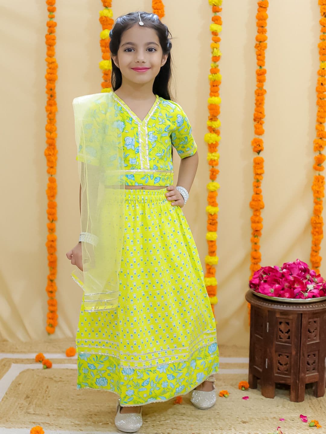 JUNITOS Girls Floral Printed Ready to Wear Cotton Lehenga & Blouse With Dupatta - view 1