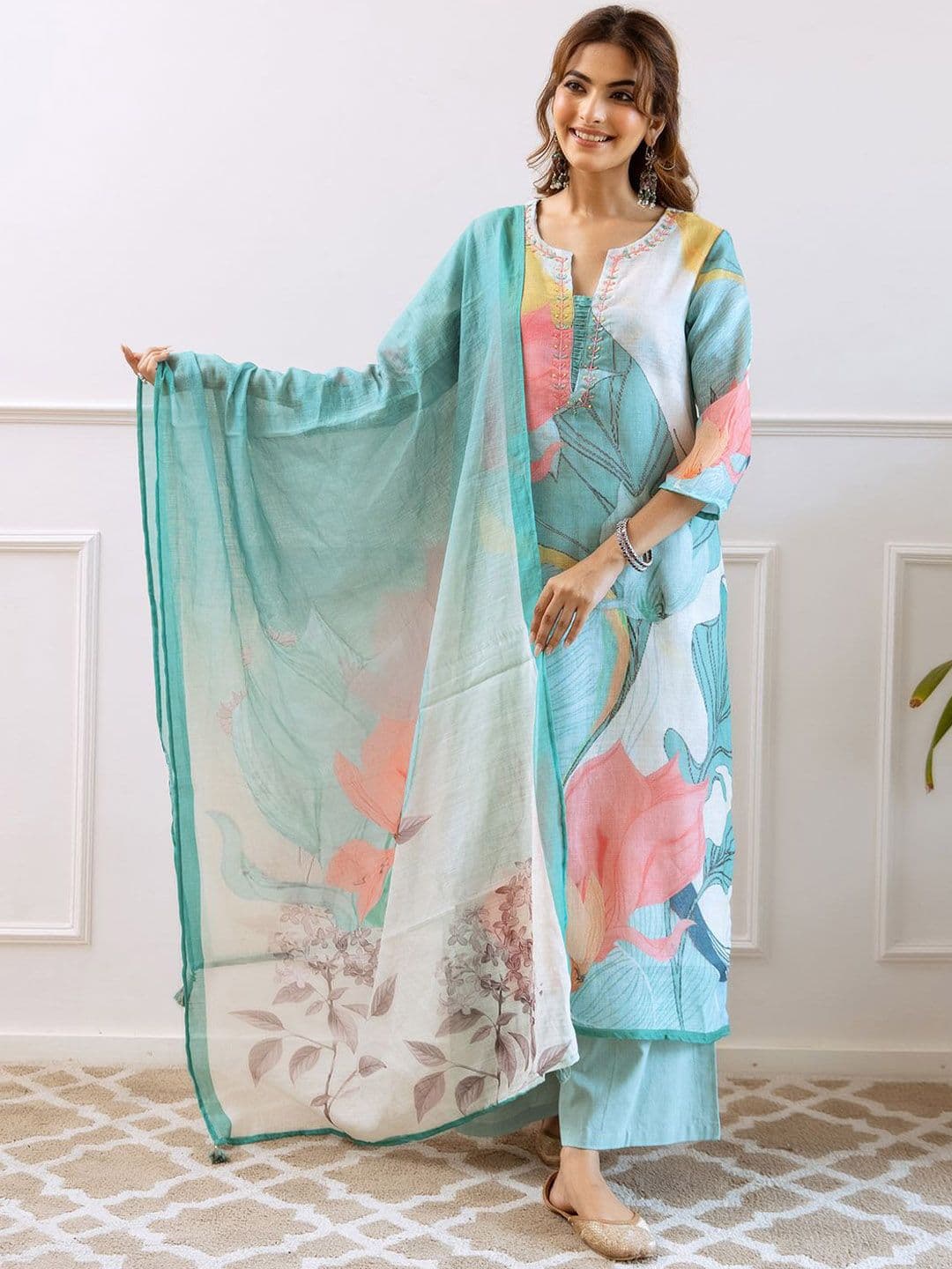 FILO HEVIS Floral Printed Notched Neck Pure Cotton Straight Kurta With Palazzos & Dupatta - view 1