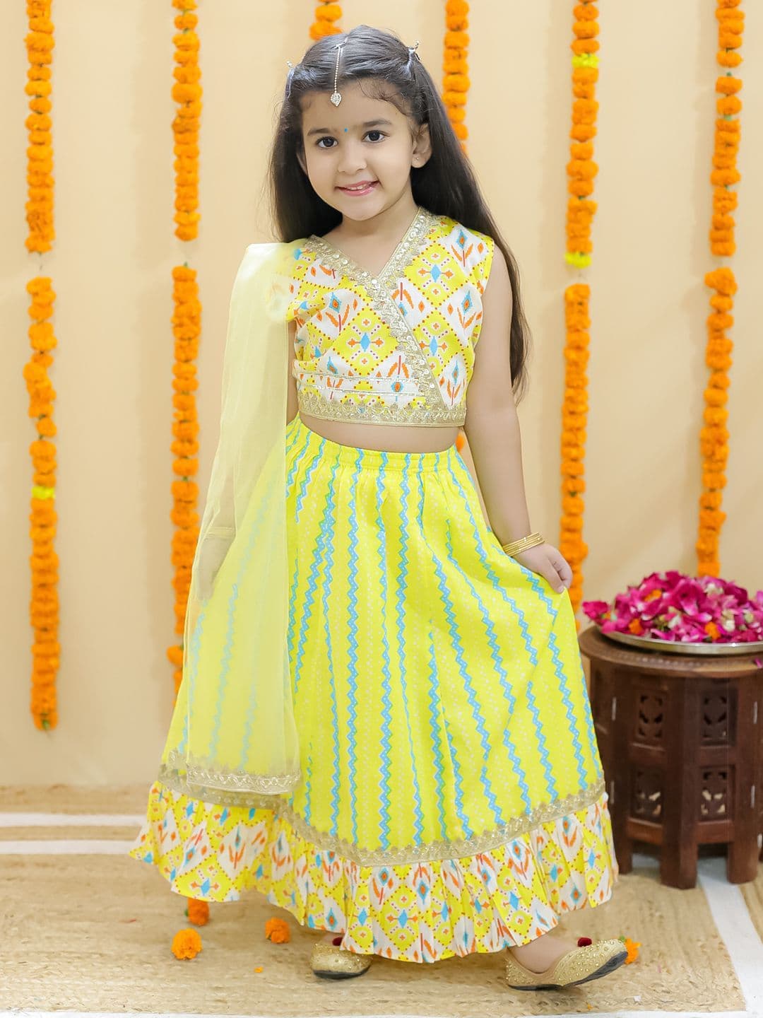 JUNITOS Girls Ethnic Motifs Printed Ready to Wear Cotton Lehenga & Blouse With Dupatta - view 1