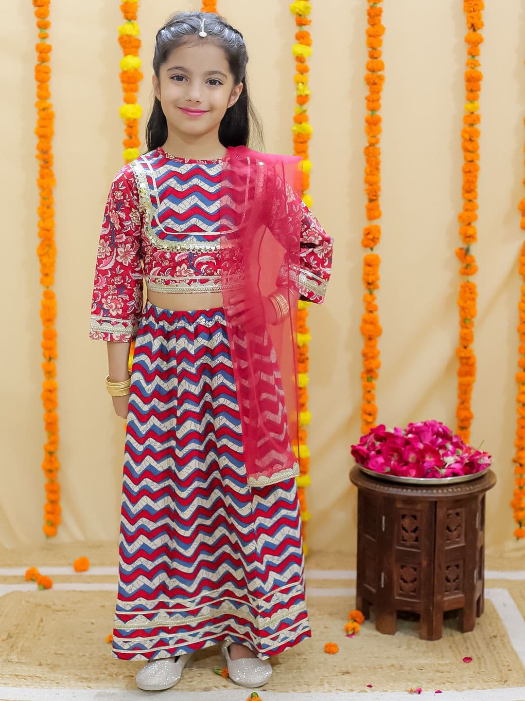 JUNITOS Girls Chevron Printed Ready to Wear Cotton Lehenga & Blouse With Dupatta - view 1