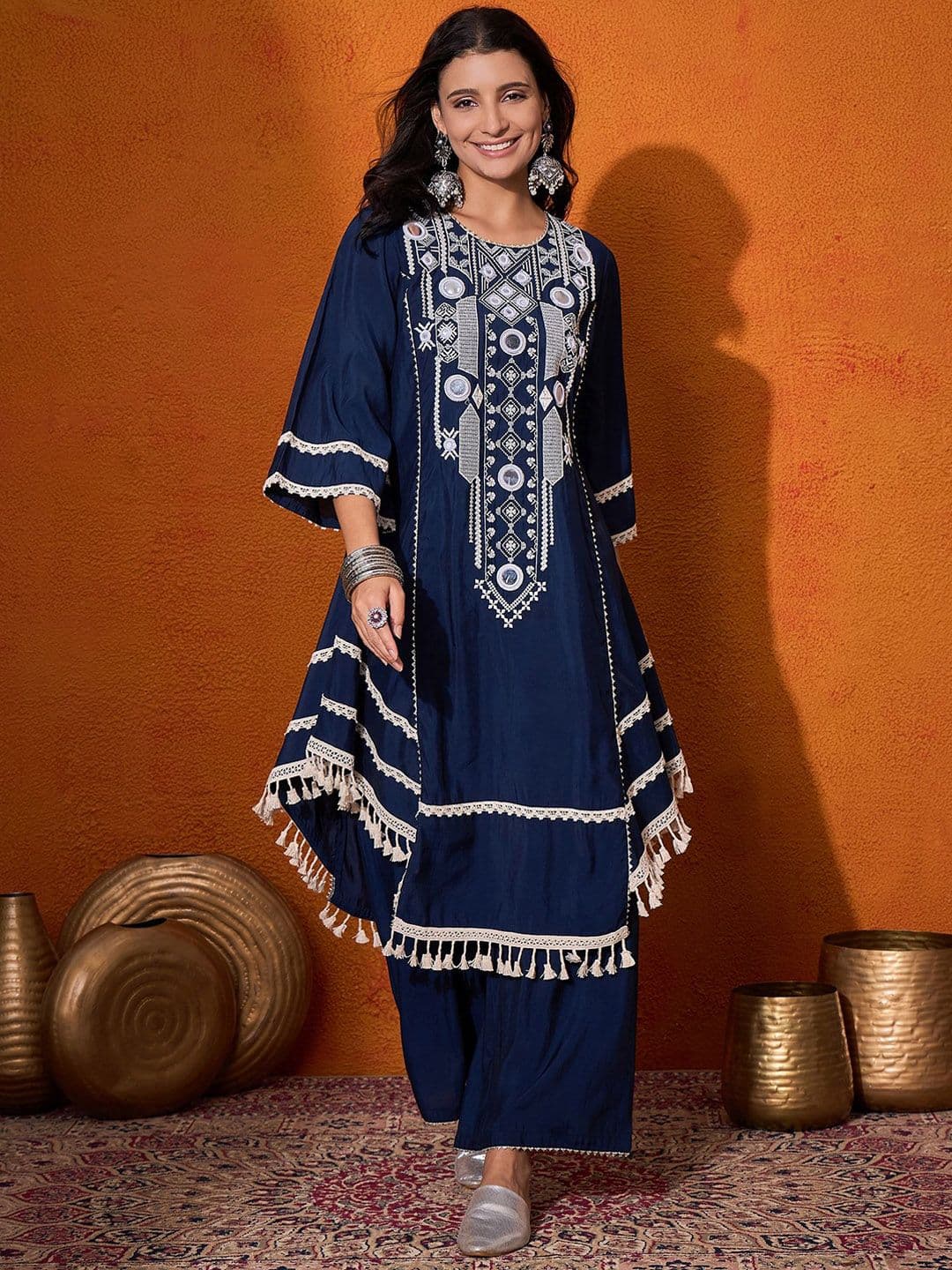 Sangria Floral Embroidered Mirror Work Regular A-Line Kurta Sets - view 1