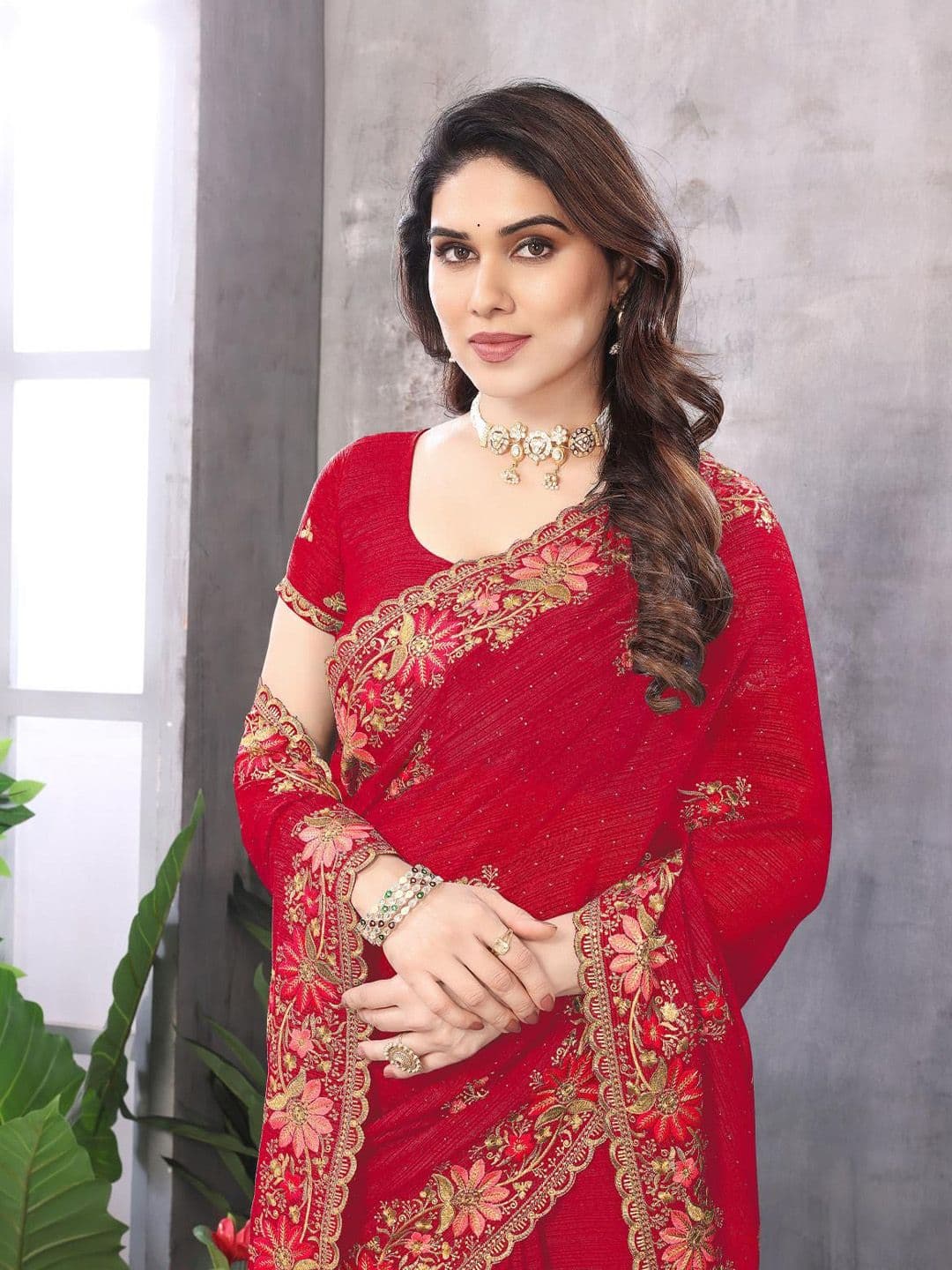 KHRITI FAB Floral Embroidered Pure Georgette Saree - view 1