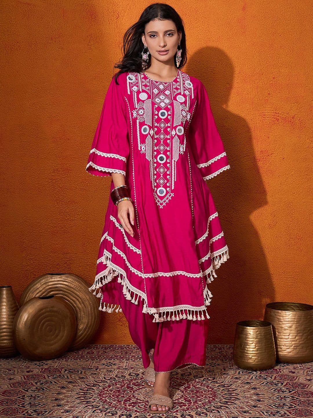 Sangria Floral Embroidered Regular Mirror Work A-Line Kurta with Palazzo - view 1