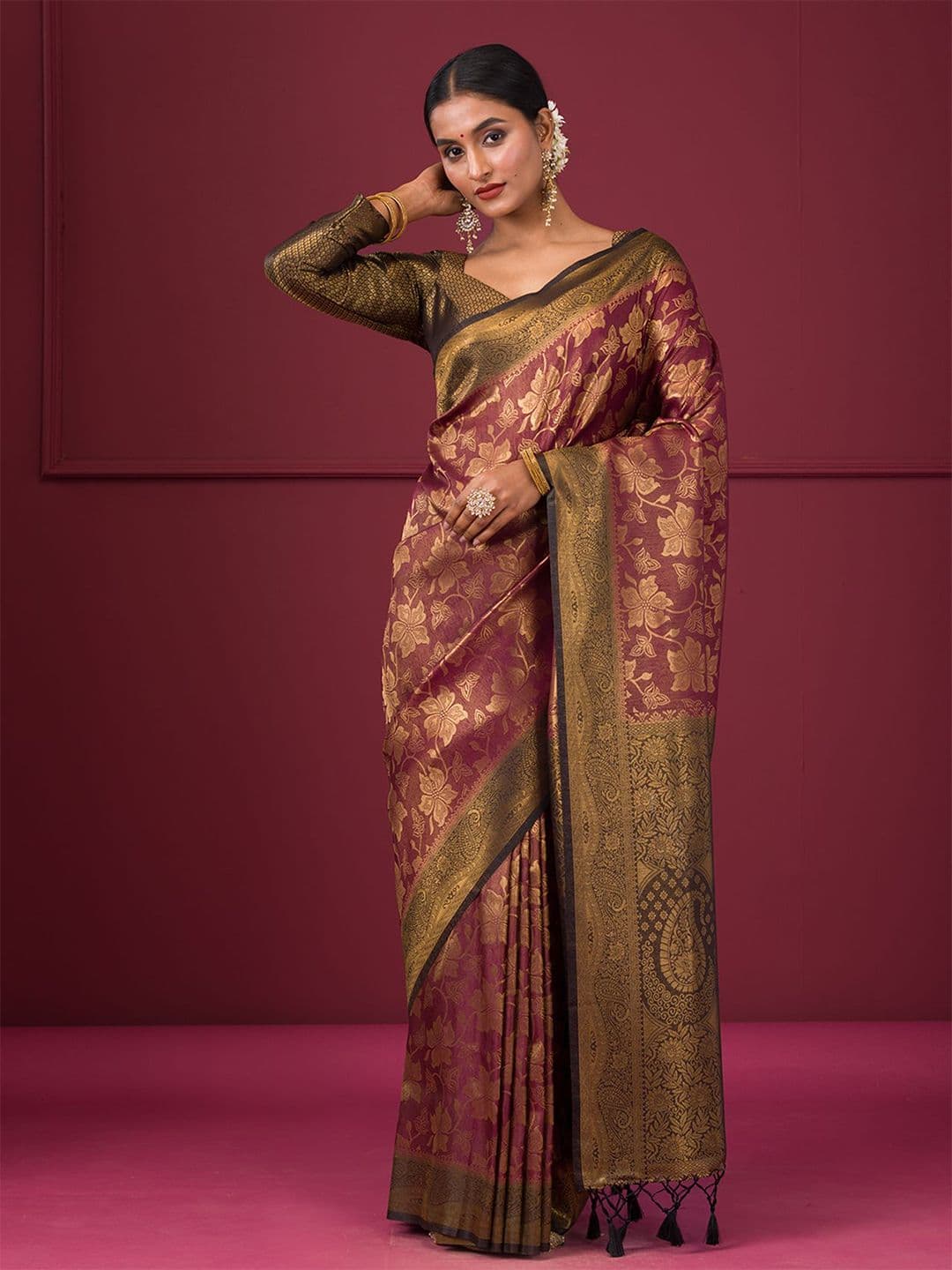 Koskii Women Zariwork Maroon Silk Saree With Unstitched Blouse - view 1