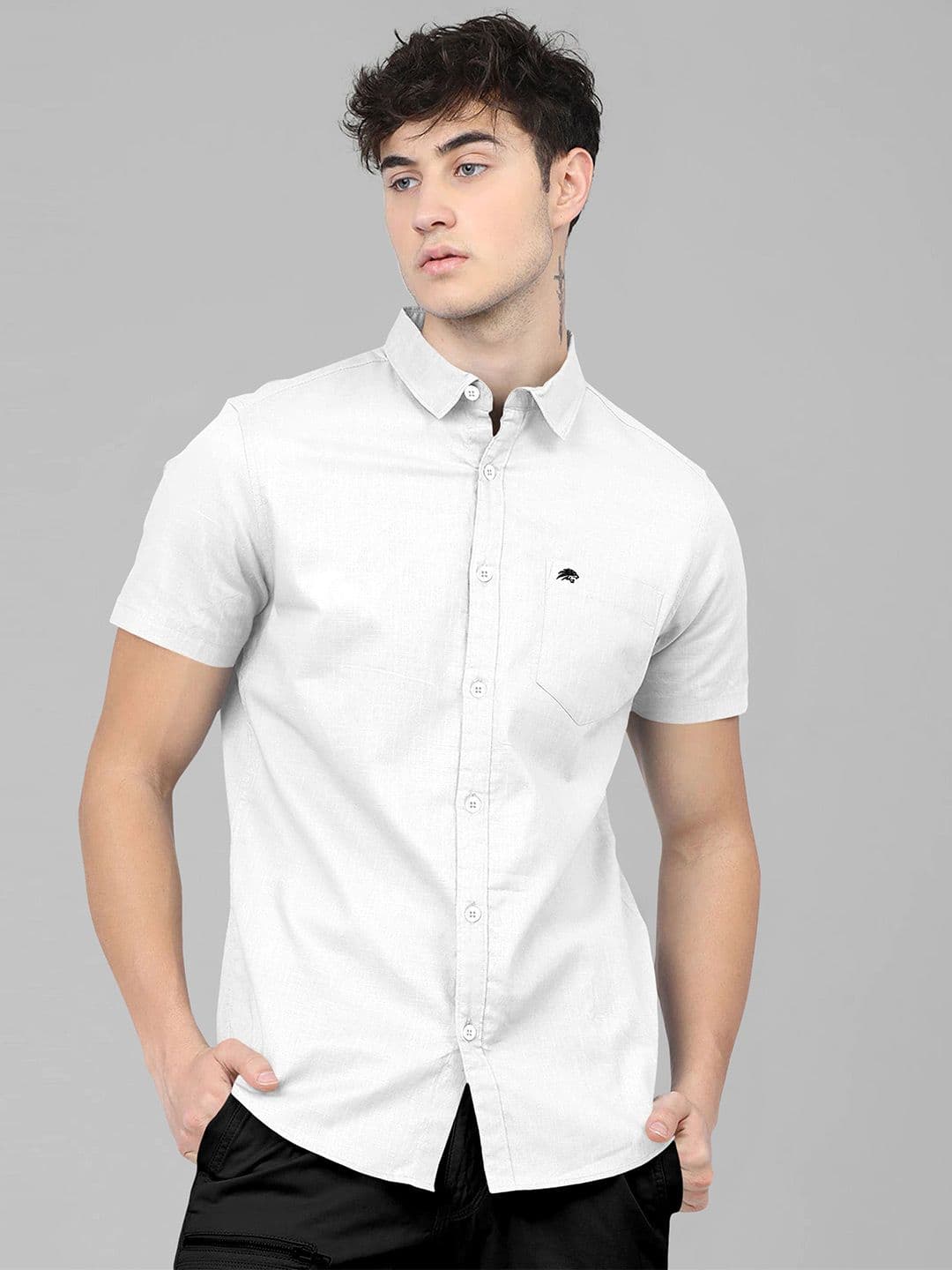 BRUCEWANE Men Standard Spread Collar Solid Cotton Casual Shirt - view 1