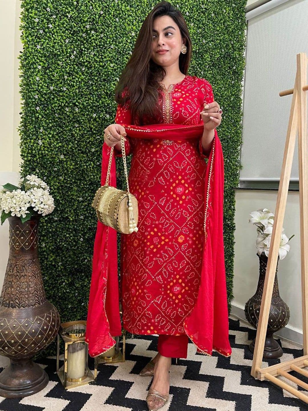 GoSriKi Bandhani Printed Round Neck Straight Kurta With Trousers & Dupatta - view 1