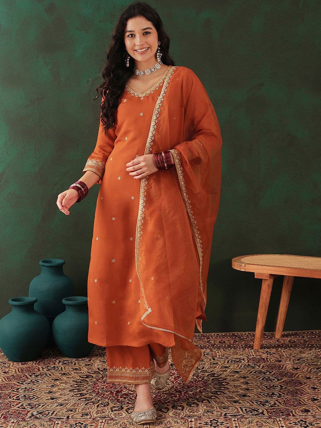 Sangria Floral Embroidered Zari Straight Kurta & Trouser With Dupatta - view 1