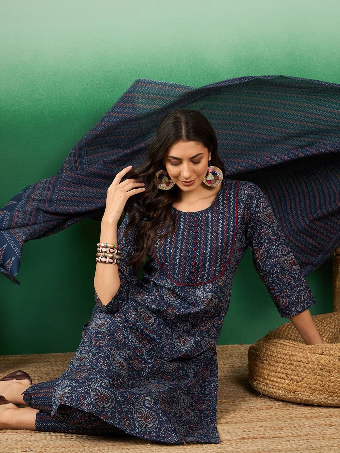 Sangria Paisley Printed Pure Cotton Straight Kurta With Trousers & Dupatta - view 1