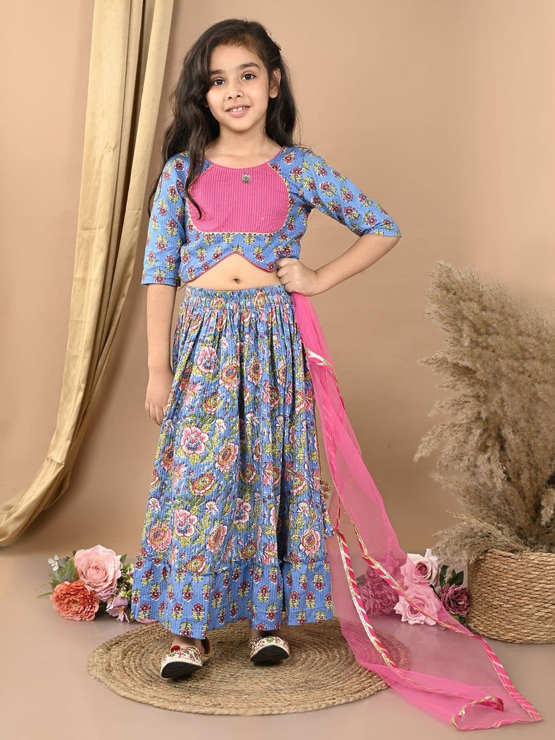 Here&Now X Kinder Kids Girls Printed Cotton Ready to Wear Lehenga & Blouse With Dupatta - view 1