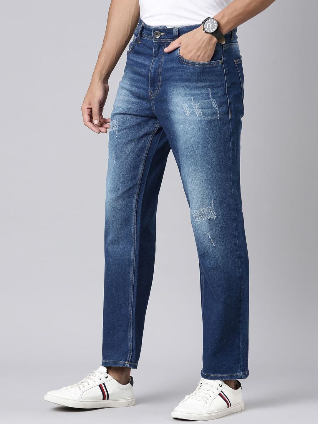Mast & Harbour Men Straight Fit Mid-Rise Low Distress Heavy Fade Stretchable Jeans - view 1