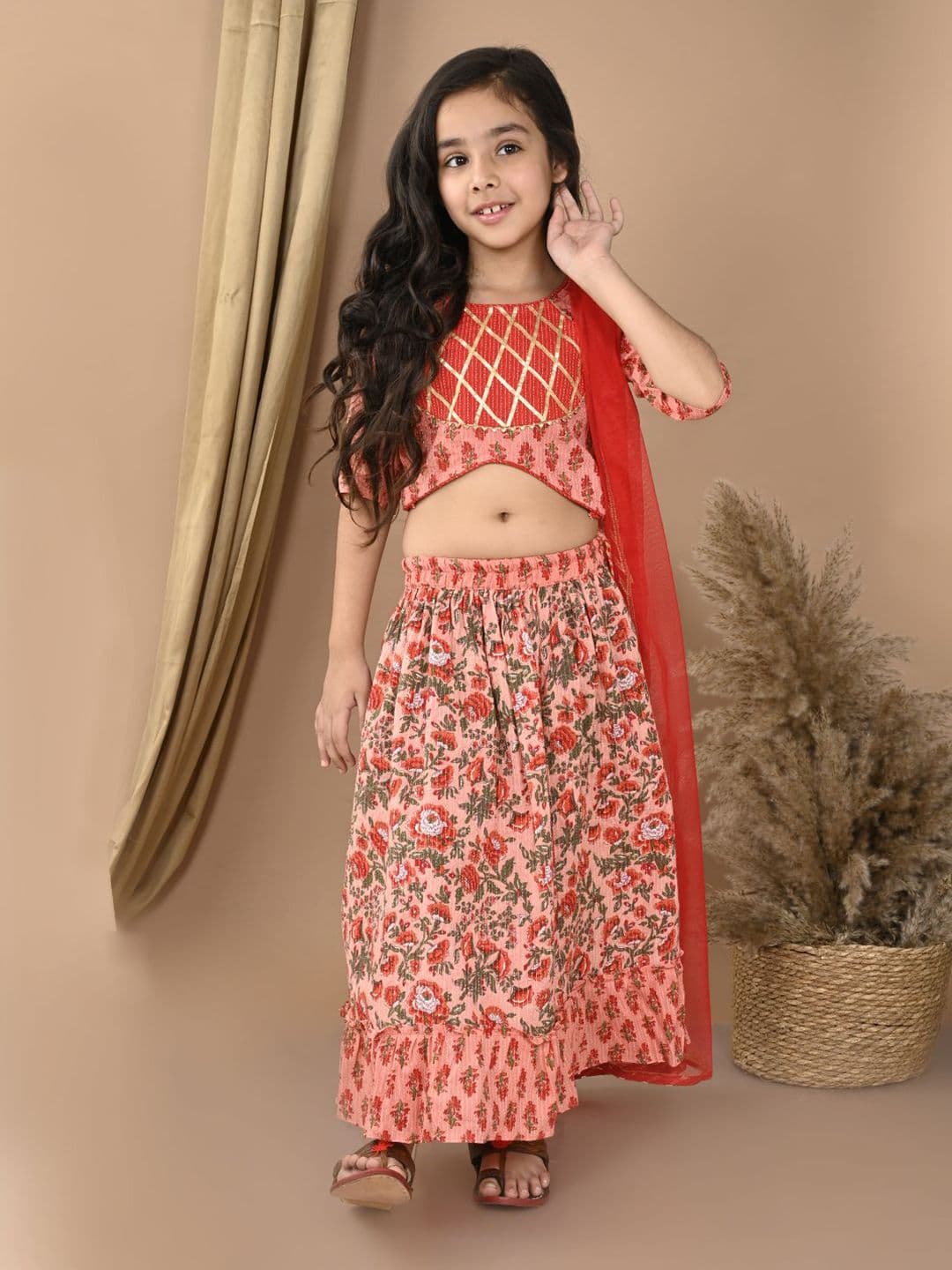 Here&Now X Kinder Kids Girls Printed Cotton Ready to Wear Lehenga & Blouse With Dupatta - view 1