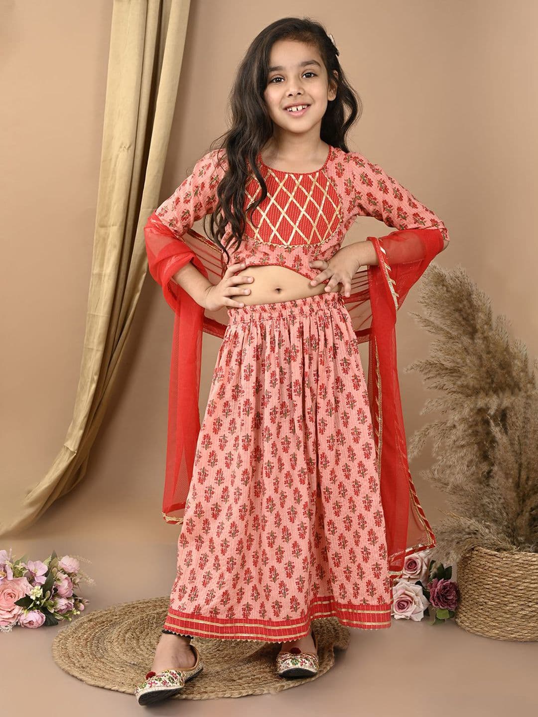 Here&Now X Kinder Kids Girls Cotton Printed Ready to Wear Lehenga & Blouse With Dupatta - view 1