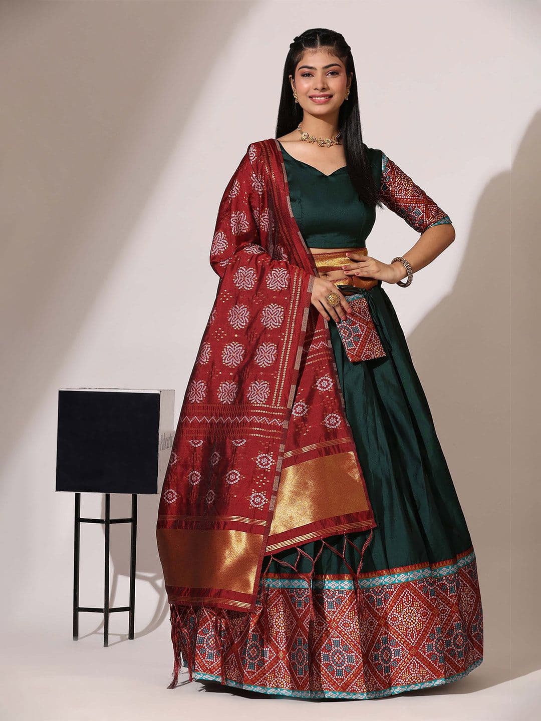 Fabcartz V-Neck Semi Stitched Lehenga & Unstitched Blouse With Dupatta - view 1