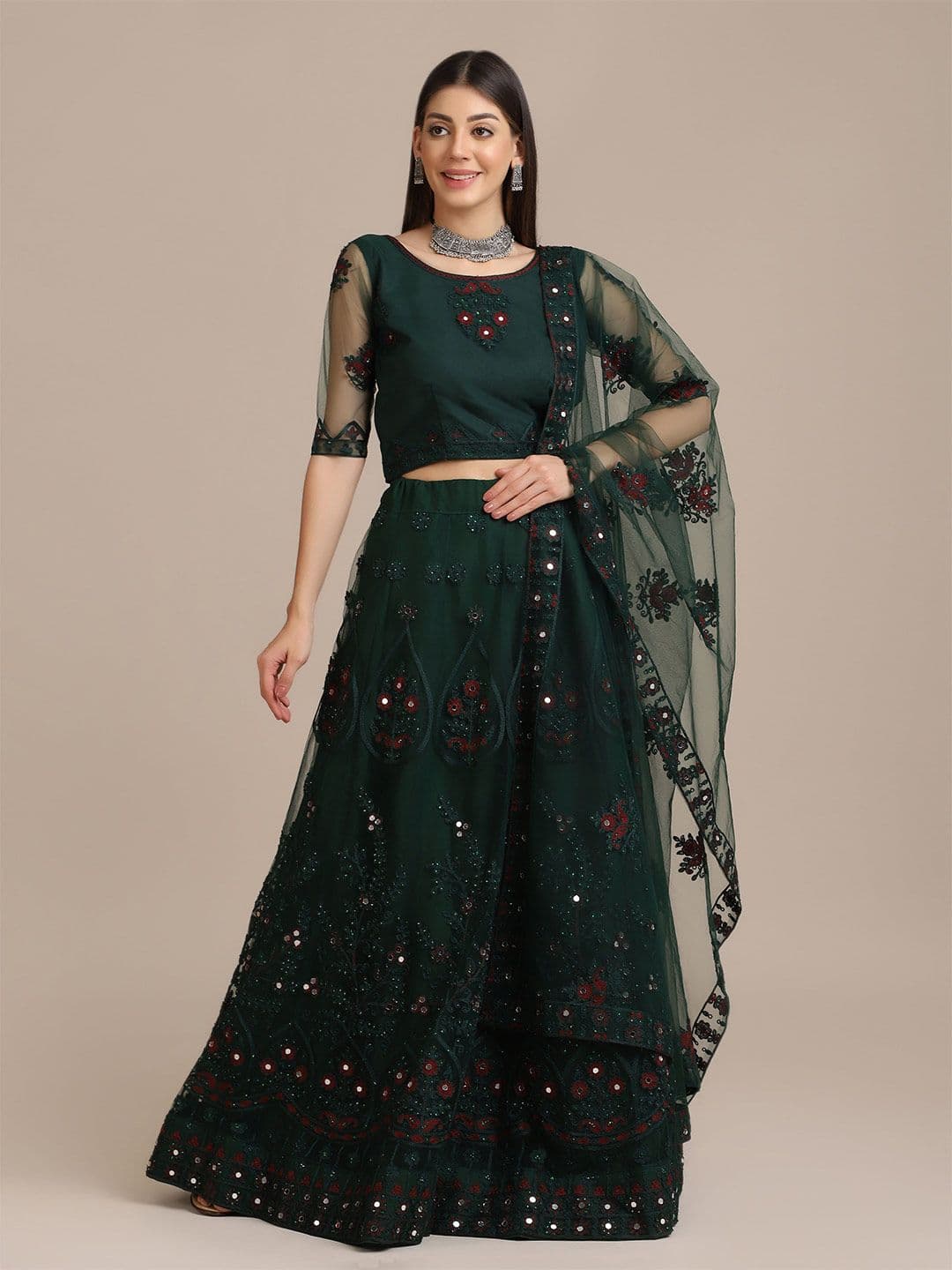 KALINI Embroidered Net Semi Stitched Lehenga & Unstitched Blouse With Dupatta - view 1