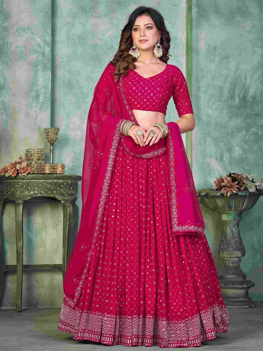KALINI Embroidered V-Neck Semi Stitched Lehenga & Unstitched Blouse With Dupatta - view 1
