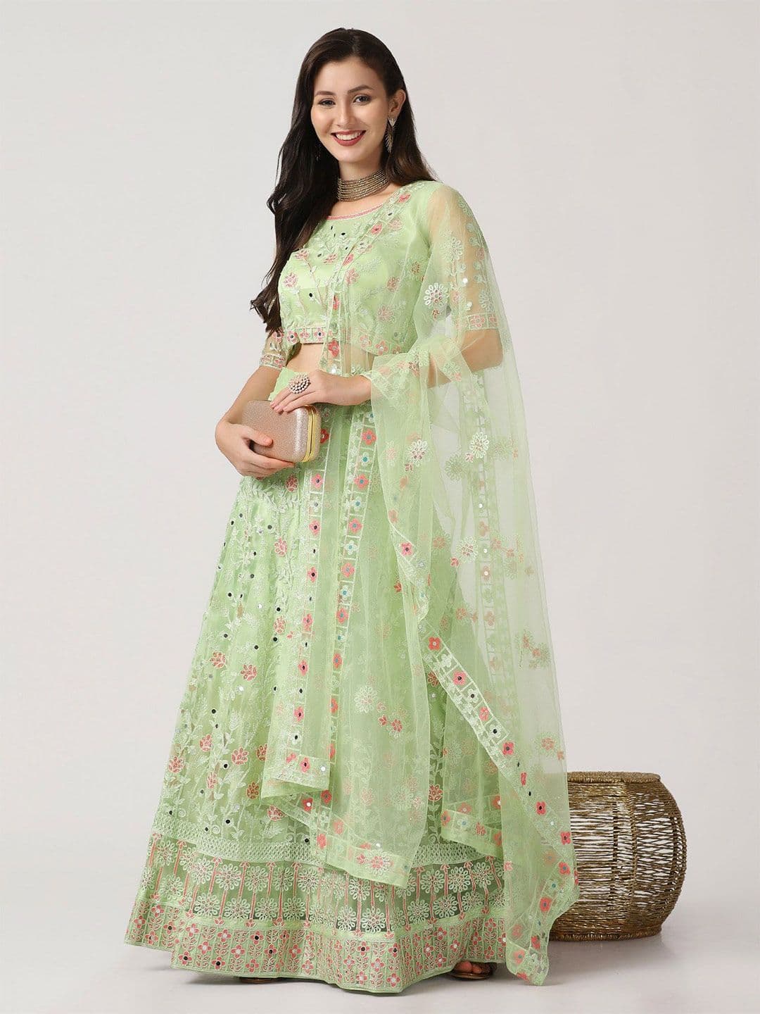 KALINI Embroidered Net Semi Stitched Lehenga & Unstitched Blouse With Dupatta - view 1