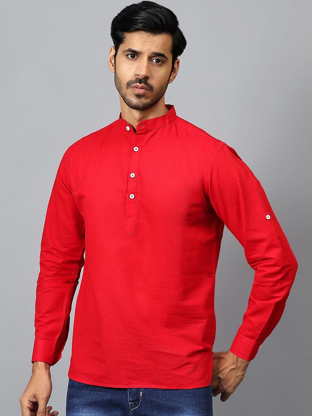 Yugnik Mandarin Collar Roll-Up Sleeves Pure Cotton Short Kurta - view 1