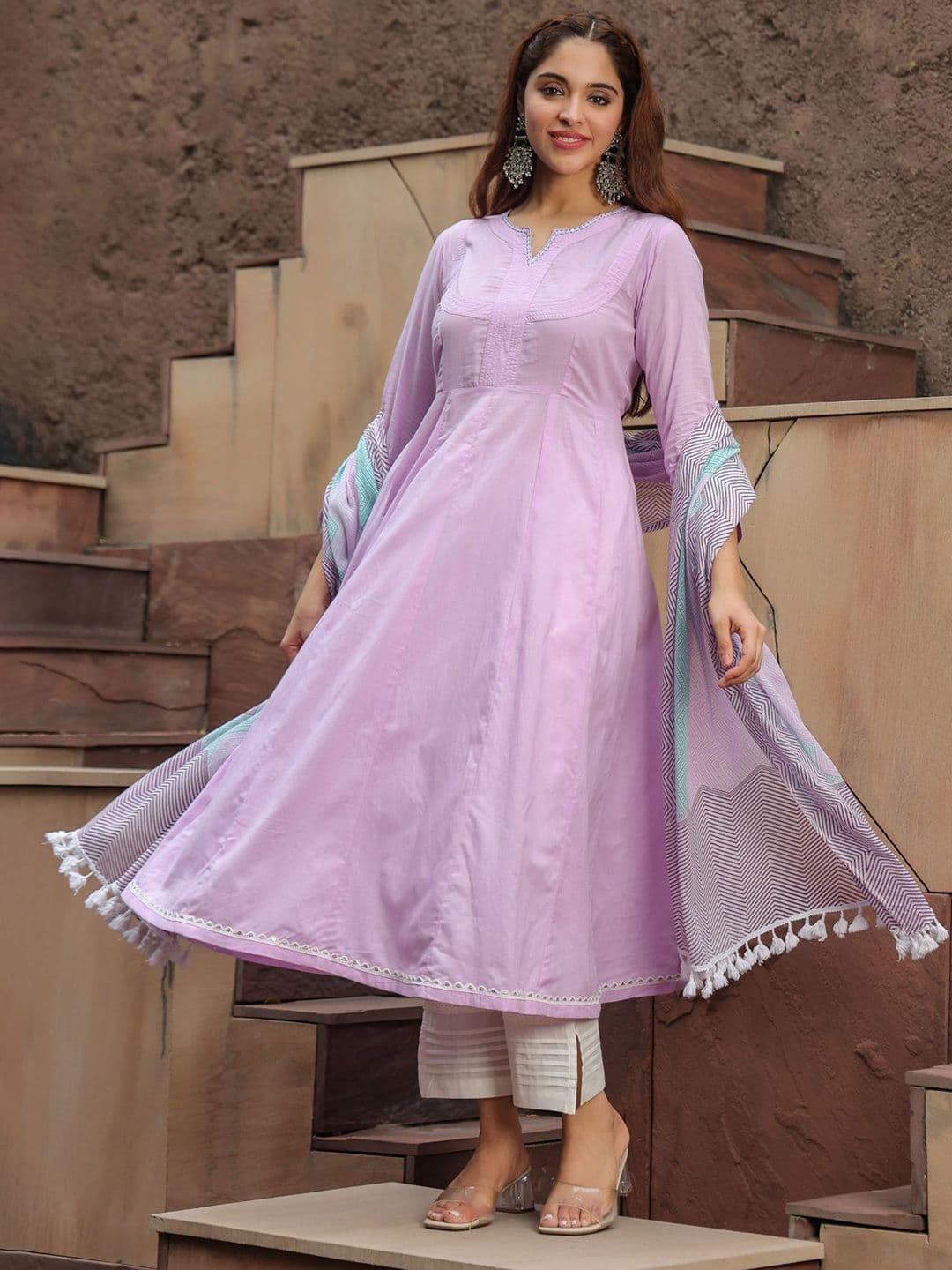 Rain & Rainbow Notch Neck Thread Work Pure Cotton Anarkali Kurta with Trousers & Dupatta - view 1
