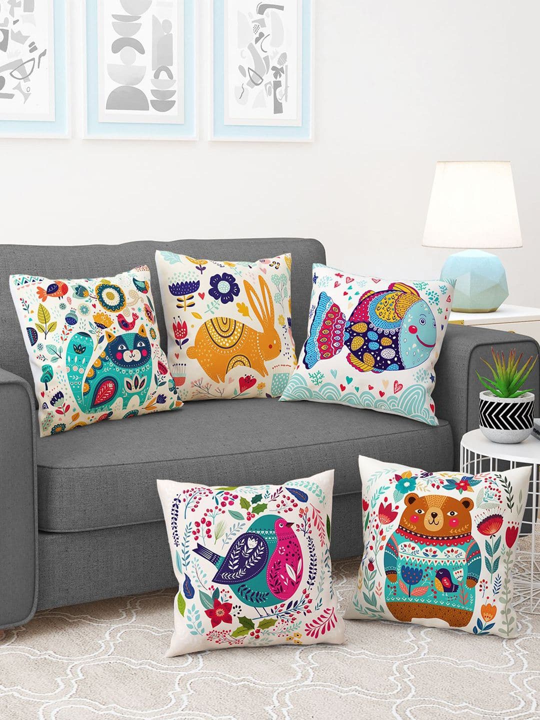 Story@home White & Blue 5 Pieces Cartoon Characters Square Cushion Covers - view 1