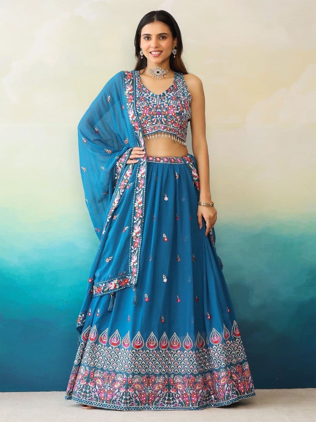 Futra Gabha Embroidered V-Neck Georgette Ready to Wear Lehenga & Blouse With Dupatta - view 1