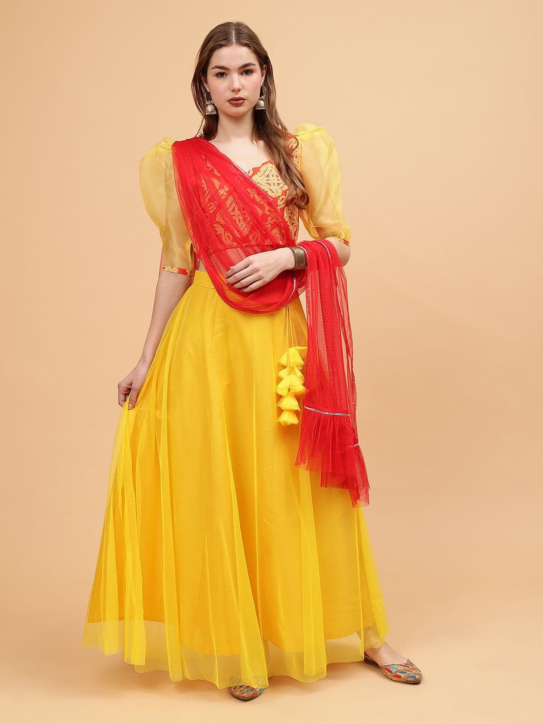Frolic Rolic Solid Net Skirt & Printed Silk Blouse Set With Dupatta - view 1