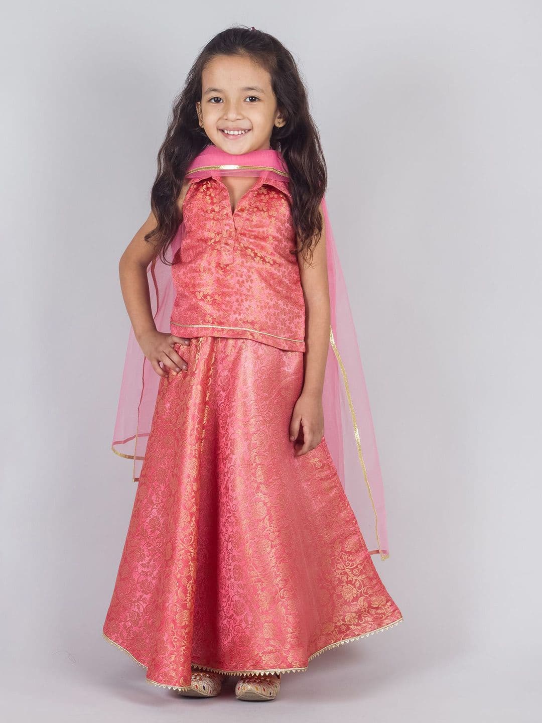 Tangerine Closet Girls Woven Design Zari Ready to Wear Lehenga & Blouse With Dupatta - view 1