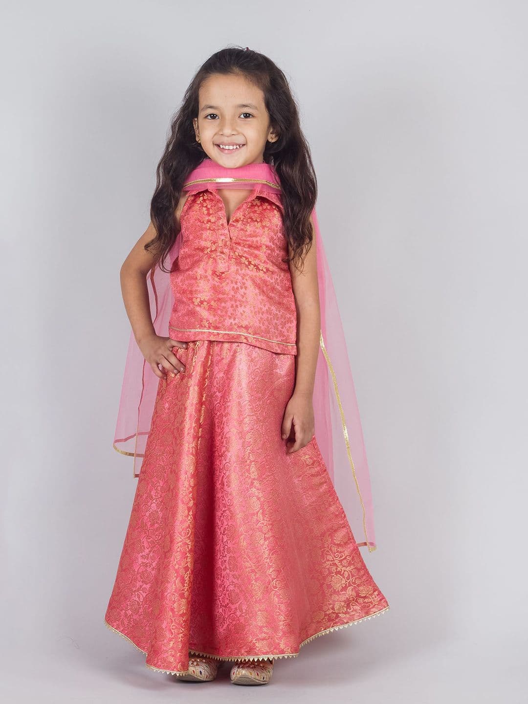 Tangerine Closet Girls Woven Design Zari Ready to Wear Lehenga & Blouse With Dupatta - view 1