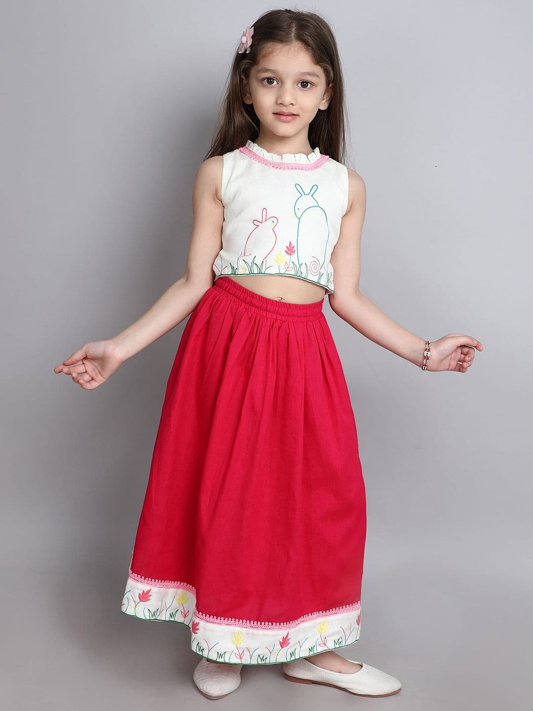 MANY FROCKS & Girls Embroidered Cotton Ready to Wear Lehenga With Blouse - view 1