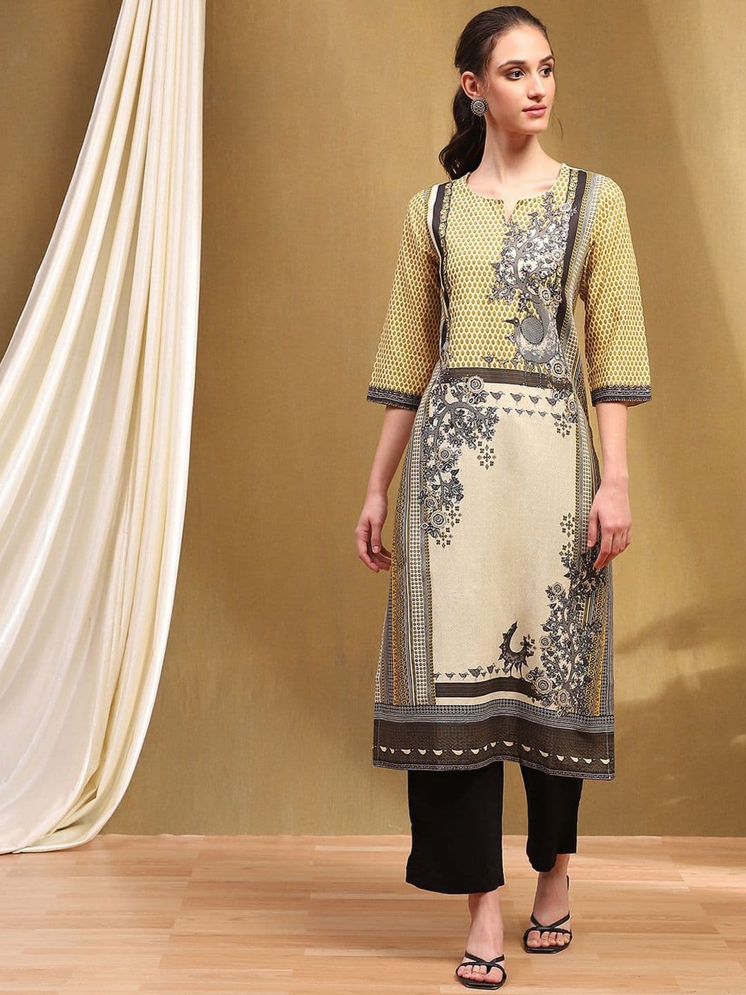 Biba Ethnic Motifs Printed Cotton Straight Kurta - view 1