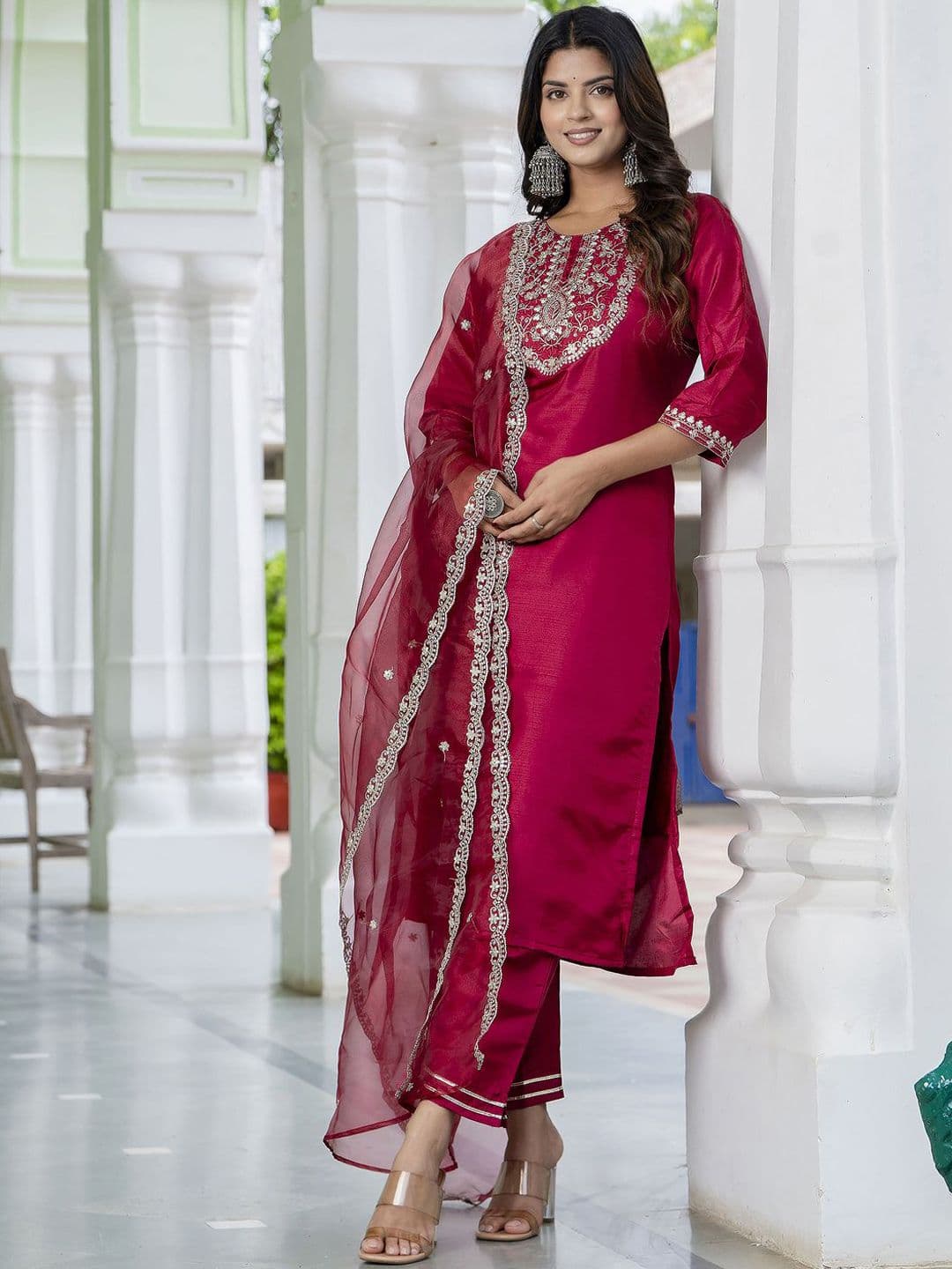 VredeVogel Floral Yoke Design Straight Sequinned Kurta with Trousers & Dupatta - view 1