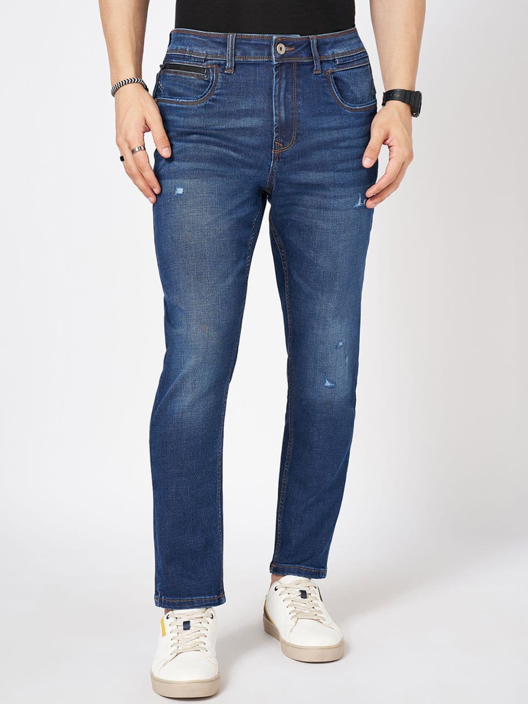 SF JEANS by Pantaloons Men Slim Fit Low Distress Light Fade Jeans - view 1