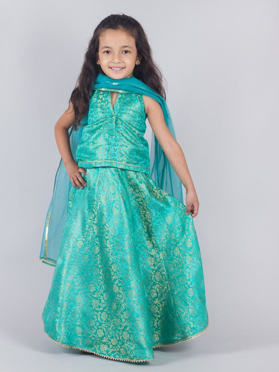 Tangerine Closet Girls Woven Design Zari Ready to Wear Lehenga & Blouse With Dupatta - view 1
