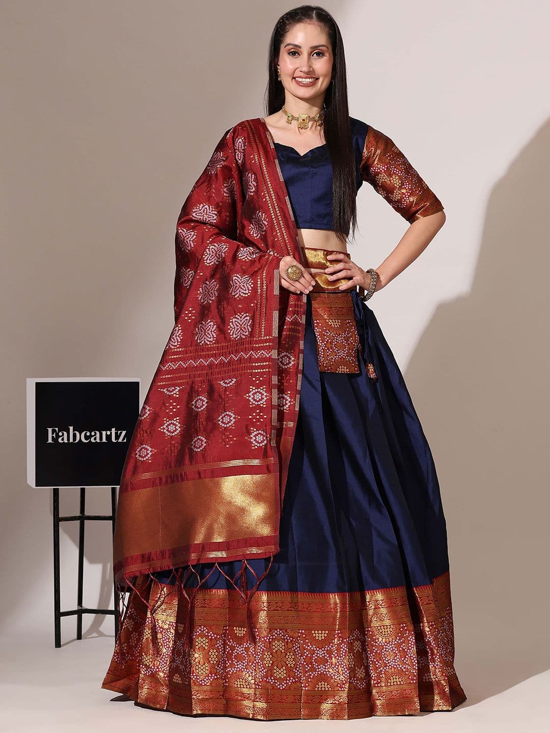 Fabcartz Floral Woven Design Semi-Stitched Lehenga & Unstitched Blouse With Dupatta - view 1