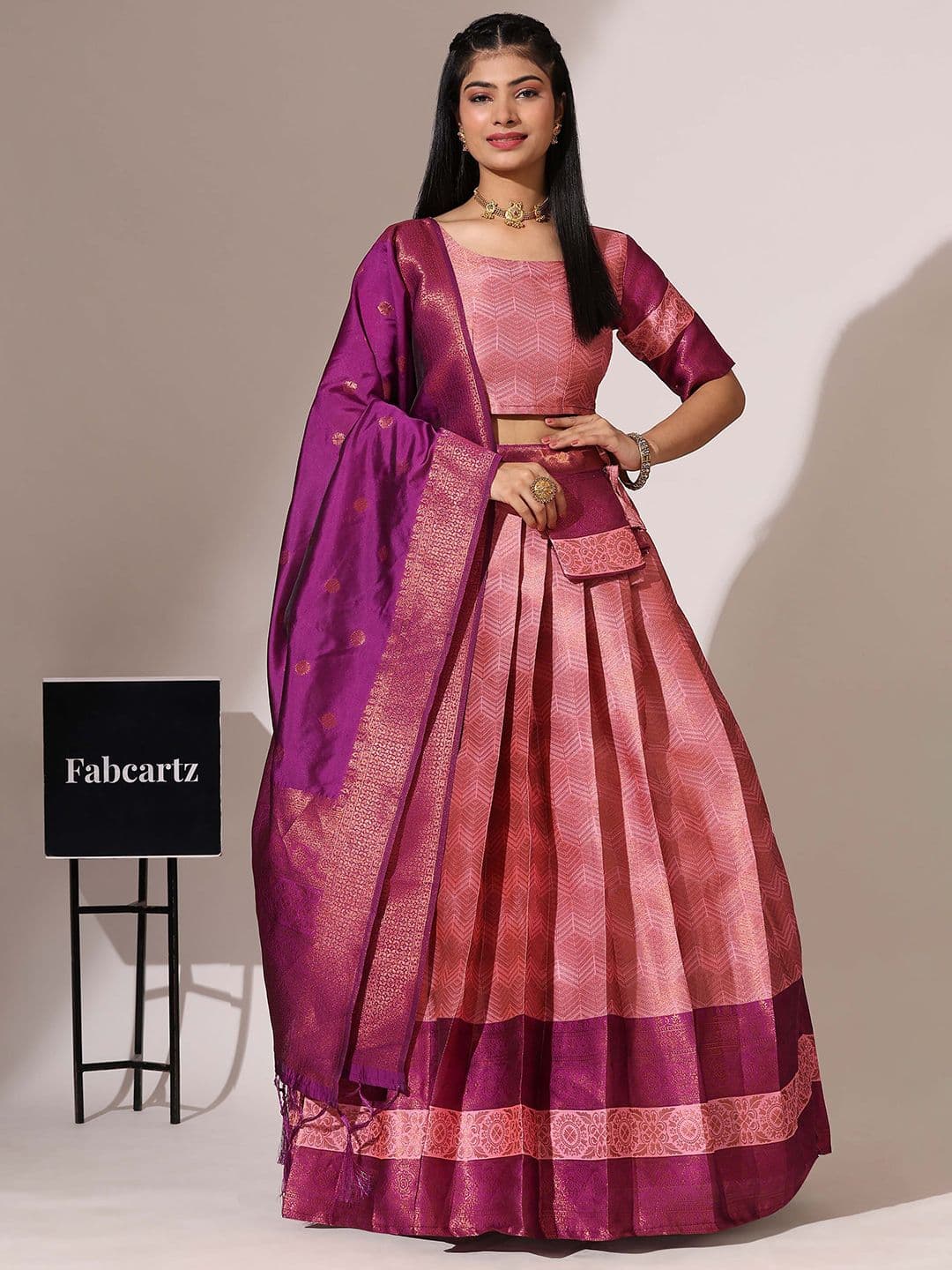 Fabcartz Woven Design Semi-Stitched Lehenga & Unstitched Blouse With Dupatta - view 1