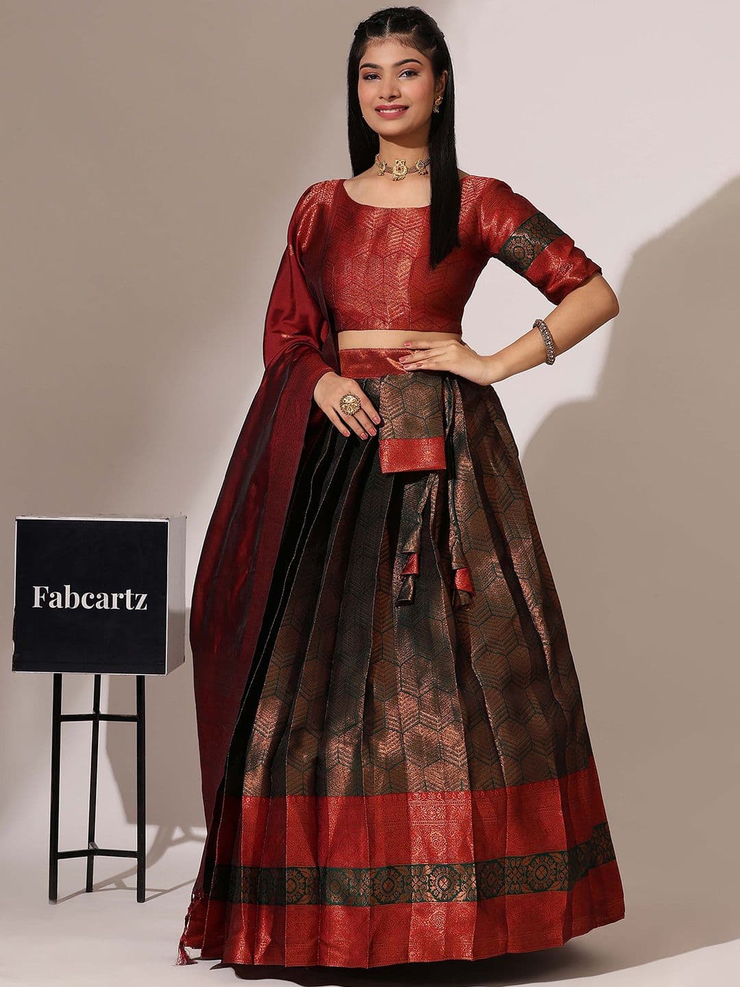 Fabcartz Woven Designed Semi-Stitched Lehenga & Unstitched Blouse With Dupatta - view 1